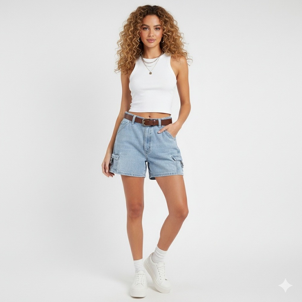 Lee Denim Cargo Shorts Women's 16P Classic Fit Light Wash‎ VTG READ